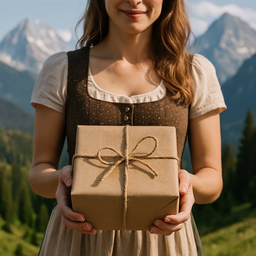 Hoamat Gfui Button für Geschenkideen mit Mädchen & Geschenk in der Hand